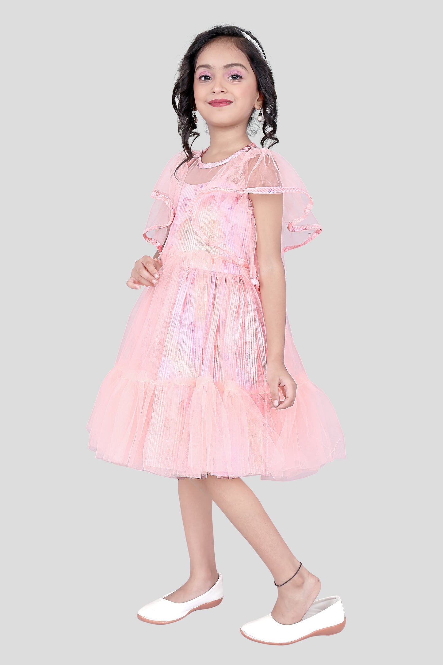 A Charming Peach Net Partywear Dress