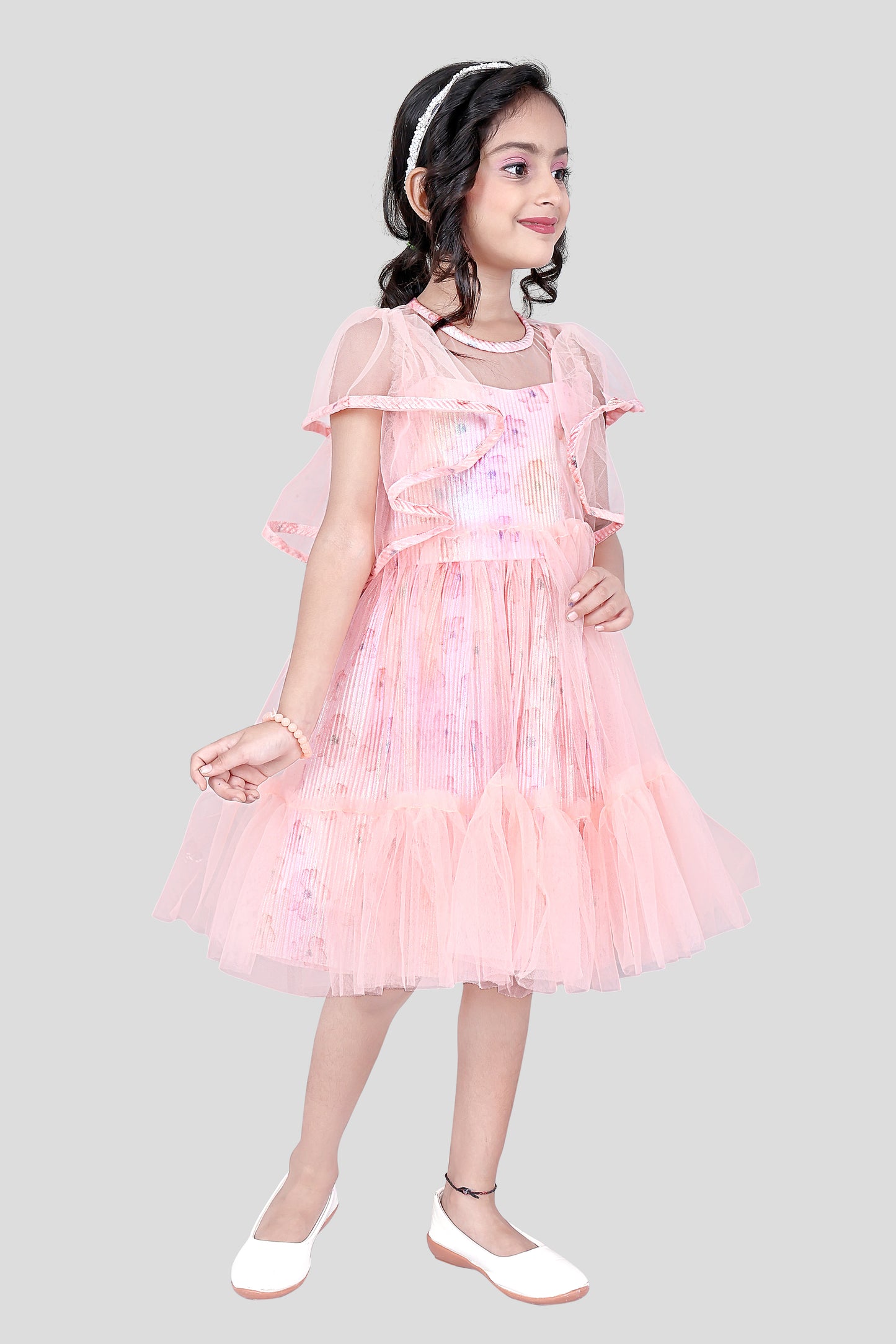 A Charming Peach Net Partywear Dress