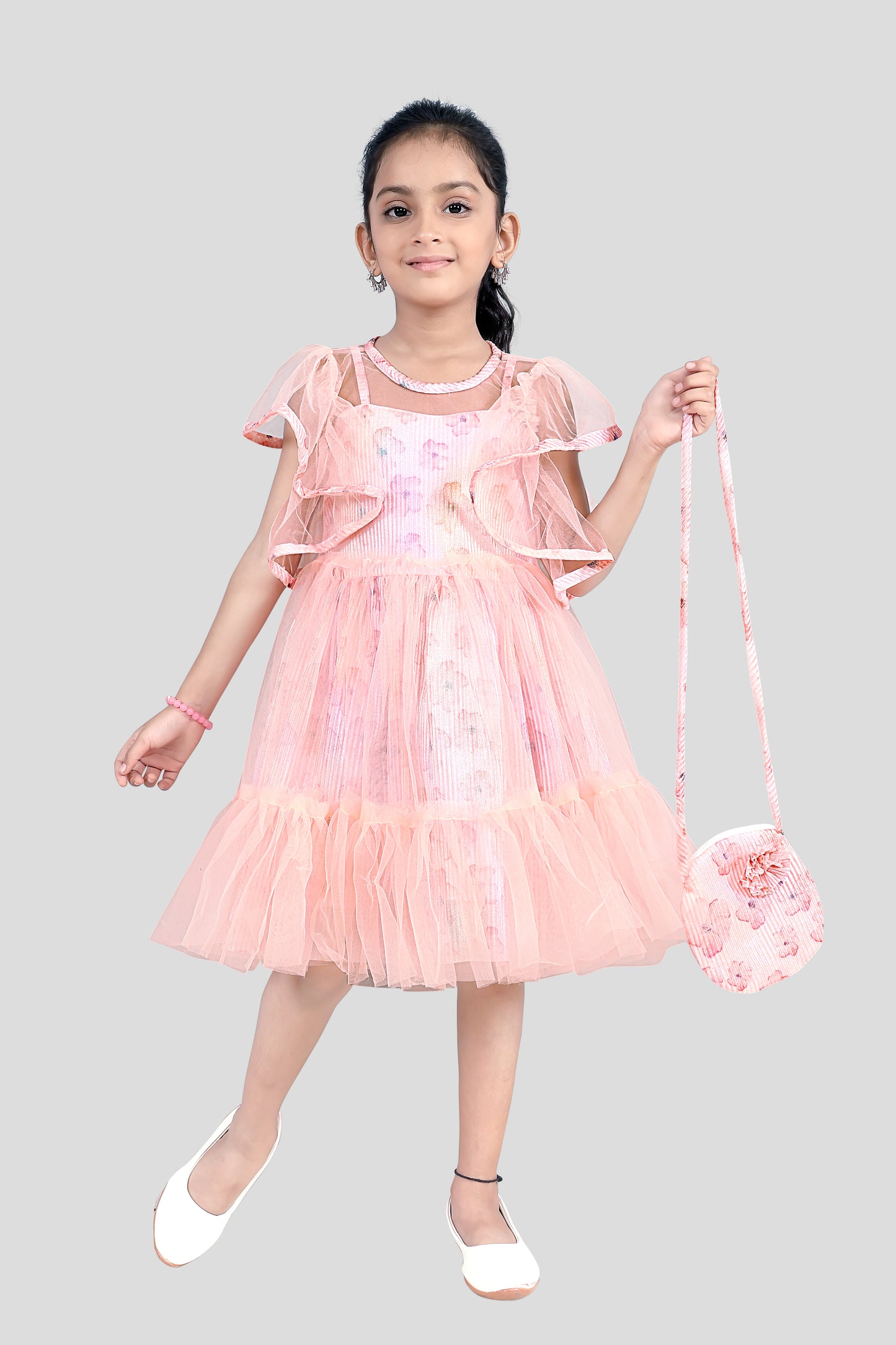A Charming Peach Net Partywear Dress