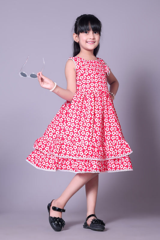 Fabangel Pink Colour Floral Printed Frock With Lace Embelishment