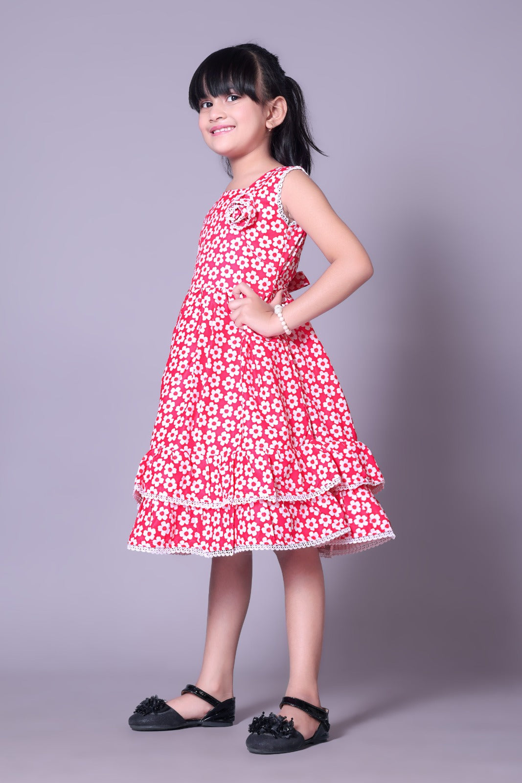 Fabangel Pink Colour Floral Printed Frock With Lace Embelishment